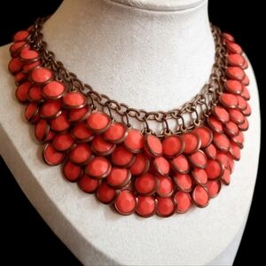 VINTAGE Necklace Coral Colour Bib Choker Four Stands Orange